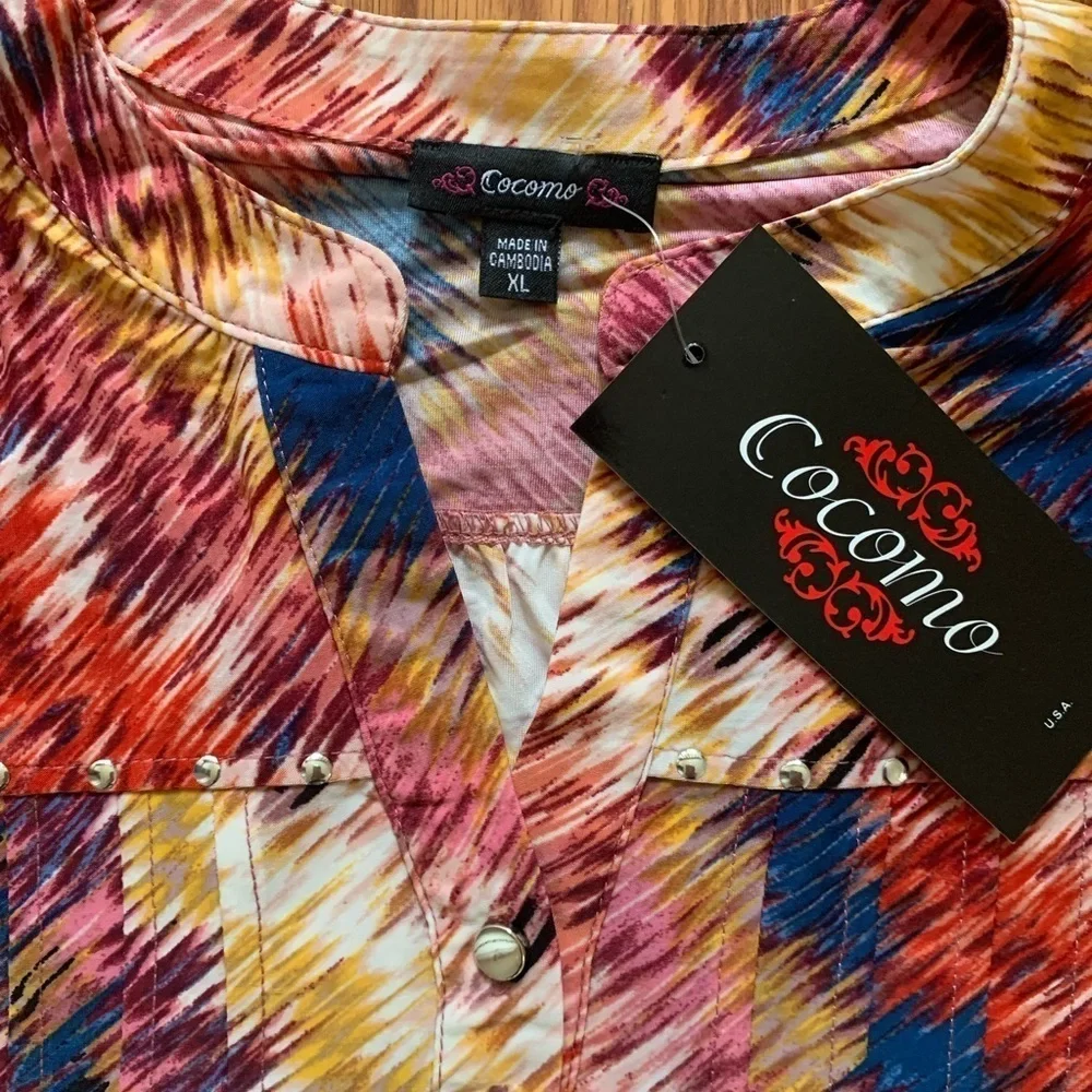 COCOMO XL Red Blue Yellow 3/4 sleeve women’s Pintuck Blouse top shirt tu…